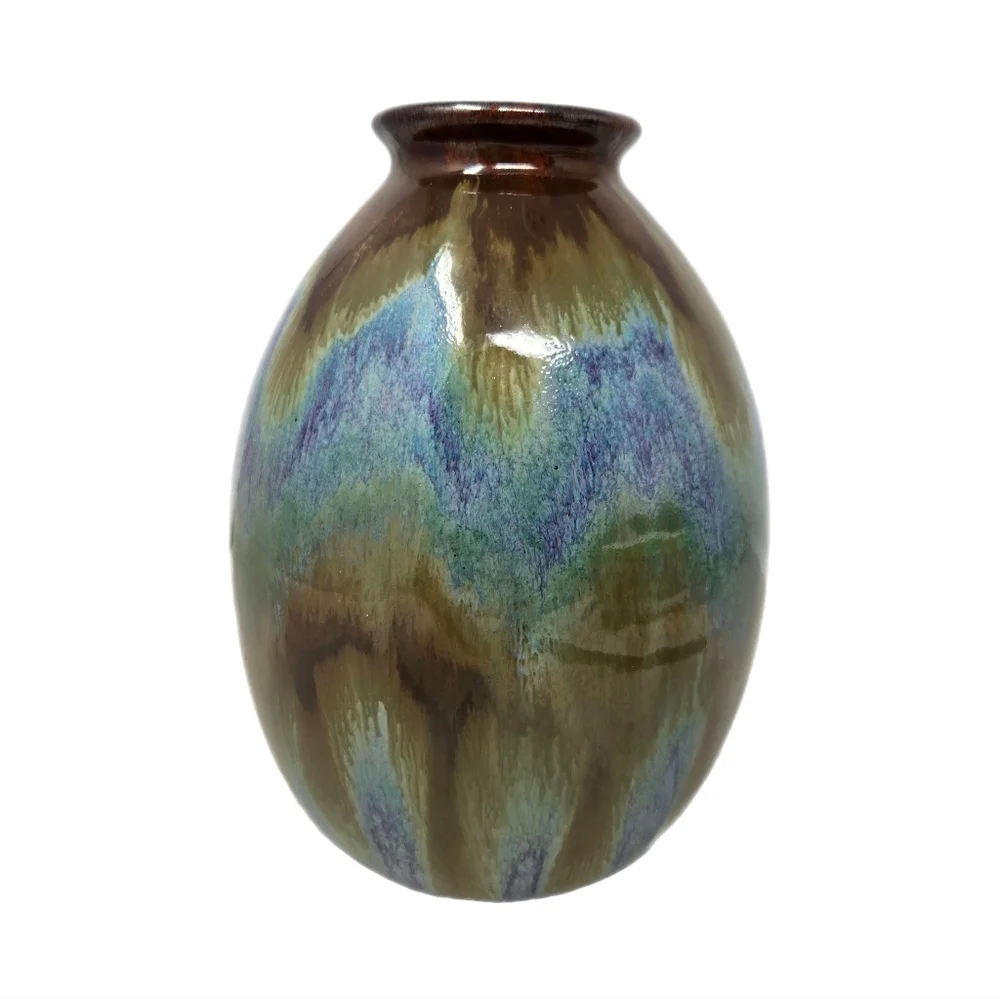 Pottery Vase Egg Shape Multicolor Glazed Timeless Beauty Drip Brown Over Blue